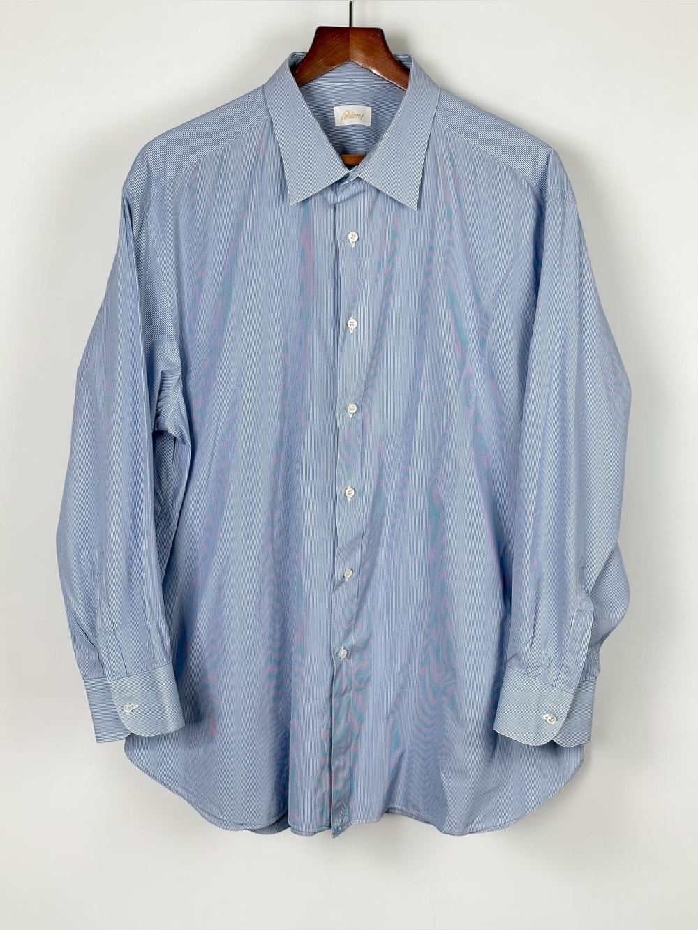 Brioni Italy Blue White Cotton Micro Stripe Dress Shirt EUR 46 / US 18